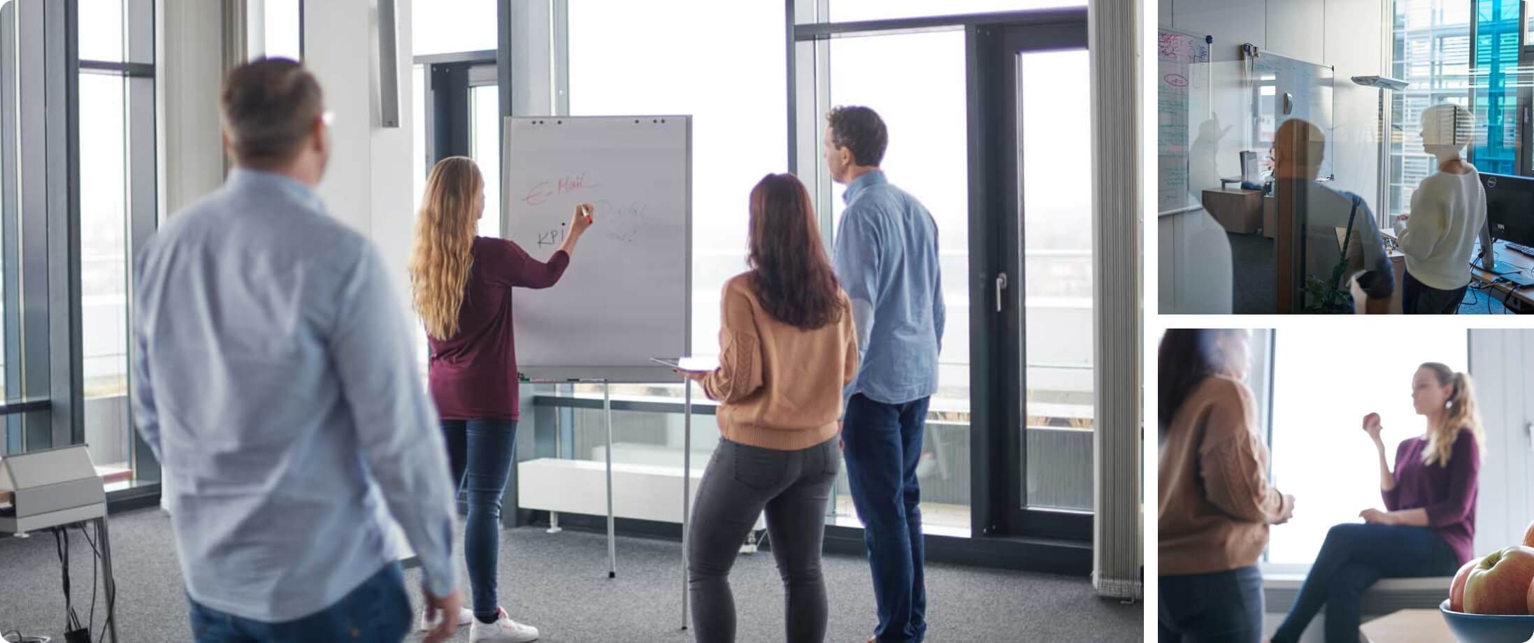 Mail & Media Mitarbeiter arbeiten gemeinsam am Whiteboard